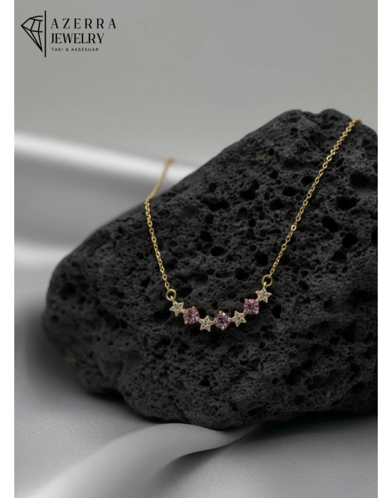 Pembe Taşlı Yıldızlı Gold Renk Kolye | Çelik
