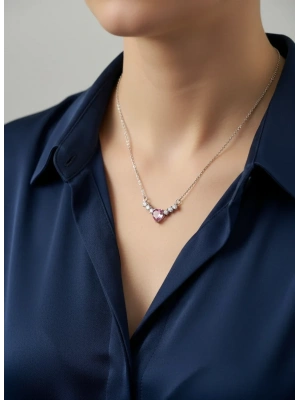 Pembe Taşlı Kalpli Kolye | Çelik