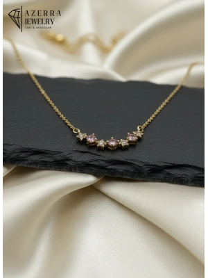 Pembe Taşlı Yıldızlı Gold Renk Kolye | Çelik