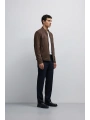 Erkek Dar Kesim Fermuarlı Süet Mont- Kahverengi