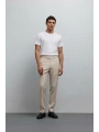 Erkek Dar Kesim Tokalı Yüksek Bel Pileli Duble Paça Keten Pantolon- Krem