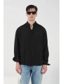 Erkek Tensel Kumaş Owersize Uzun Kollu Gömlek- Siyah