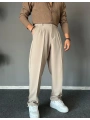 Erkek Beli Lastikli Likralı Kumaş Bagy Pantolon-Krem