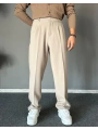 Erkek Beli Lastikli Likralı Kumaş Bagy Pantolon-Krem