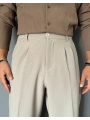 Erkek Beli Lastikli Likralı Kumaş Bagy Pantolon-Krem