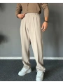 Erkek Beli Lastikli Likralı Kumaş Bagy Pantolon-Krem