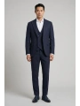 Erkek Dar Kesim Kendinden Desenli Yelekli Takım Elbise -Lacivert