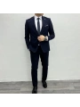 Erkek Dar Kesim Likrakı Yelekli Takım Elbise-Lacivert