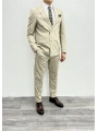 Erkek Dar Kesim Metal Düğme Kruvaze Takım Elbise-Krem