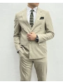 Erkek Dar Kesim Metal Düğme Kruvaze Takım Elbise-Krem