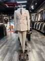 Erkek Dar Kesim Slimfit Kırlangıç Yaka Dokumalı KruvazeTakım Elbise-Krem