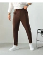 Erkek Dar Kesim Yüksek Bel Pileli Duble Paça Keten Pantolon-Kahve