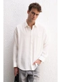Erkek Modal Kumaş Owersize Uzun Kollu Gömlek- Beyaz