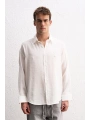 Erkek Modal Kumaş Owersize Uzun Kollu Gömlek- Beyaz