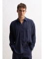 Erkek Modal Kumaş Owersize Uzun Kollu Gömlek- Lacivert