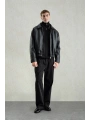 Erkek Owersize Deri Mont -Siyah