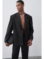 Erkek Owersıze Kruvaze Takım Elbise-Siyah