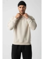 Erkek Owersize Önü Baskılı Düz Basic Sweatshirt- Krem