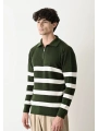Erkek Polo Yaka Yakası Fermuarlı Uzun Kol Çizgili Triko - Yeşil