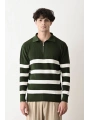 Erkek Polo Yaka Yakası Fermuarlı Uzun Kol Çizgili Triko - Yeşil
