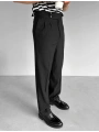 Erkek Yüksek Bel Rahat Kesim Pileli Pantolon-Siyah