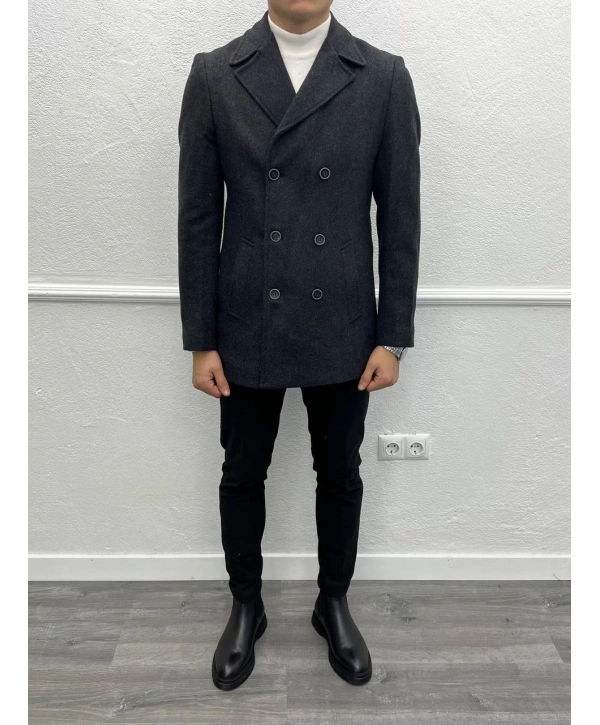 Erkek Dar Kesim Desenli Kruvaze Kaşe Kaban - Siyah