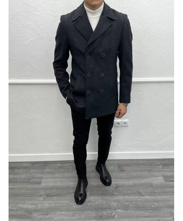 Erkek Dar Kesim Desenli Kruvaze Kaşe Kaban - Siyah