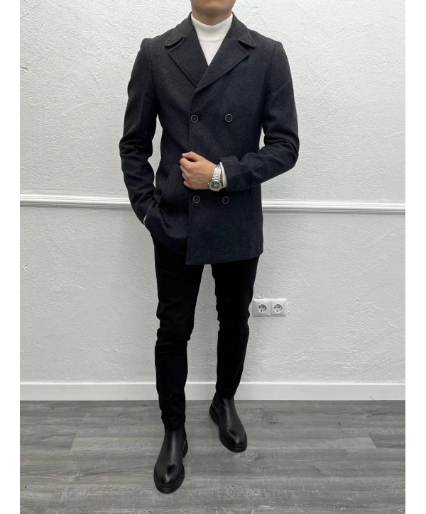 Erkek Dar Kesim Desenli Kruvaze Kaşe Kaban - Siyah