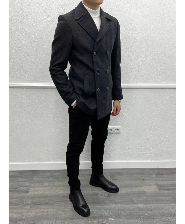 Erkek Dar Kesim Desenli Kruvaze Kaşe Kaban - Siyah