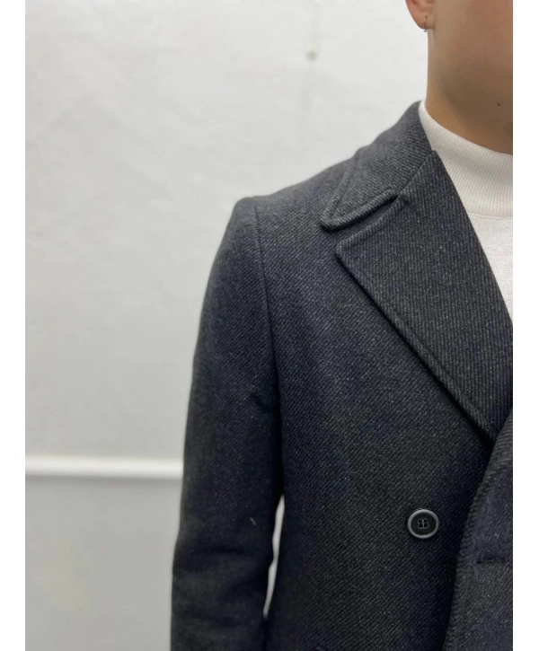 Erkek Dar Kesim Desenli Kruvaze Kaşe Kaban - Siyah