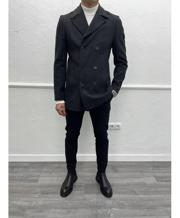 Erkek Dar Kesim Desenli Kruvaze Kaşe Kaban - Siyah