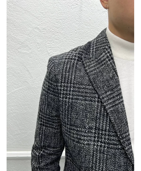 Erkek Dar Kesim İki Düğme Ekose Kaşe Kaban - Gri