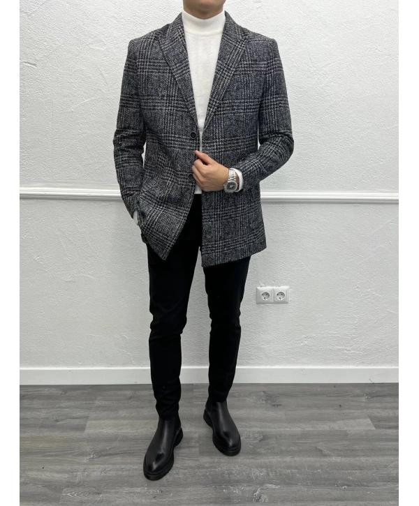 Erkek Dar Kesim İki Düğme Ekose Kaşe Kaban - Gri