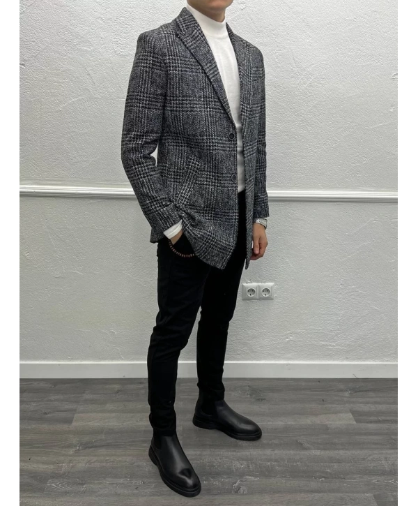 Erkek Dar Kesim İki Düğme Ekose Kaşe Kaban - Gri