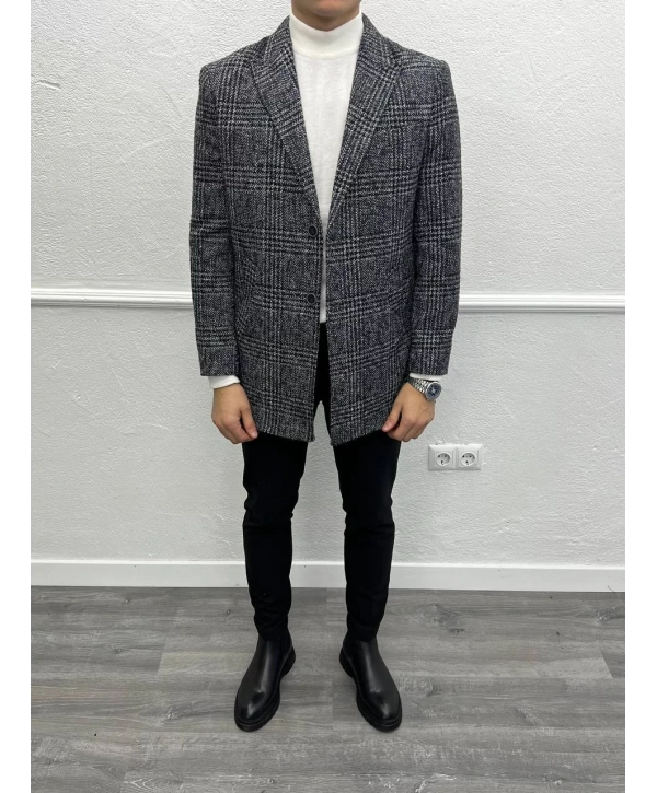 Erkek Dar Kesim İki Düğme Ekose Kaşe Kaban - Gri