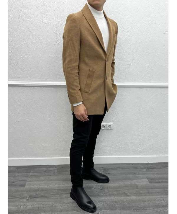 Erkek Dar Kesim İki Düğme Kaşe Kaban - Taba