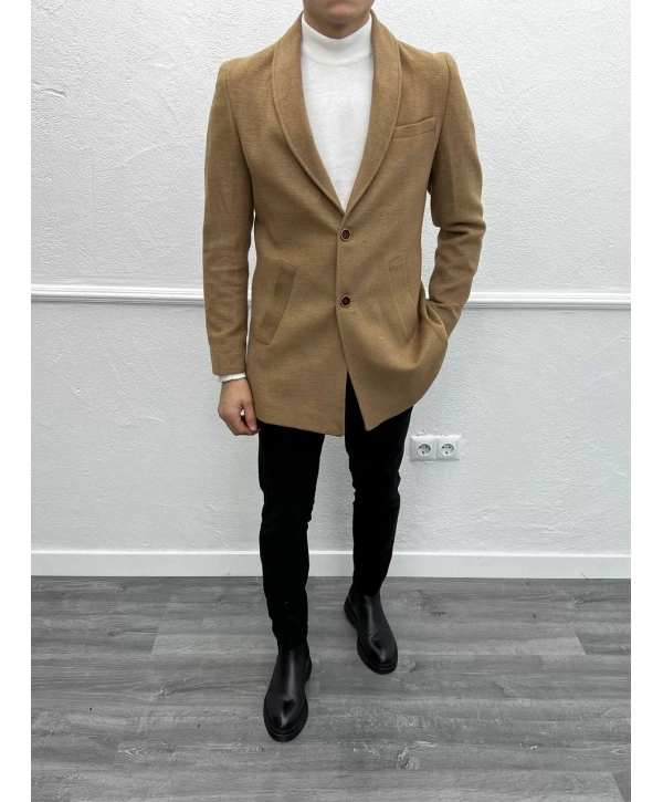 Erkek Dar Kesim İki Düğme Kaşe Kaban - Taba