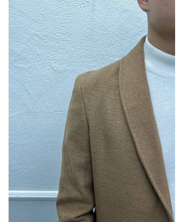 Erkek Dar Kesim İki Düğme Kaşe Kaban - Taba