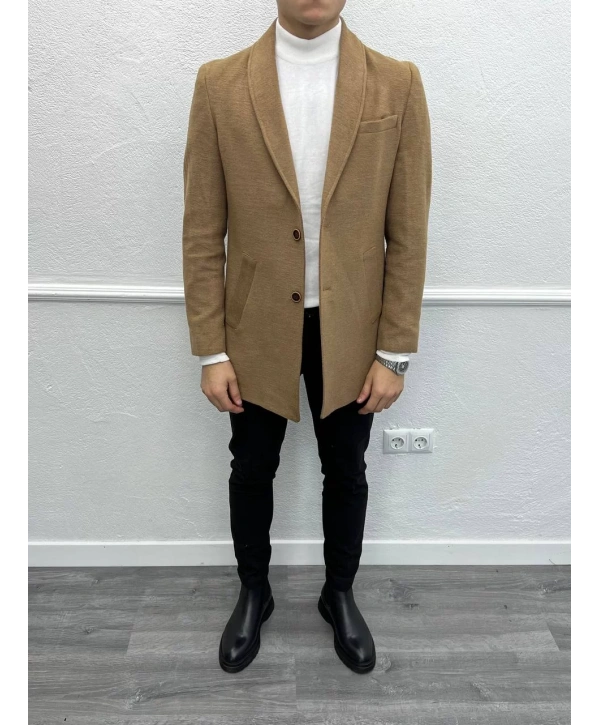 Erkek Dar Kesim İki Düğme Kaşe Kaban - Taba