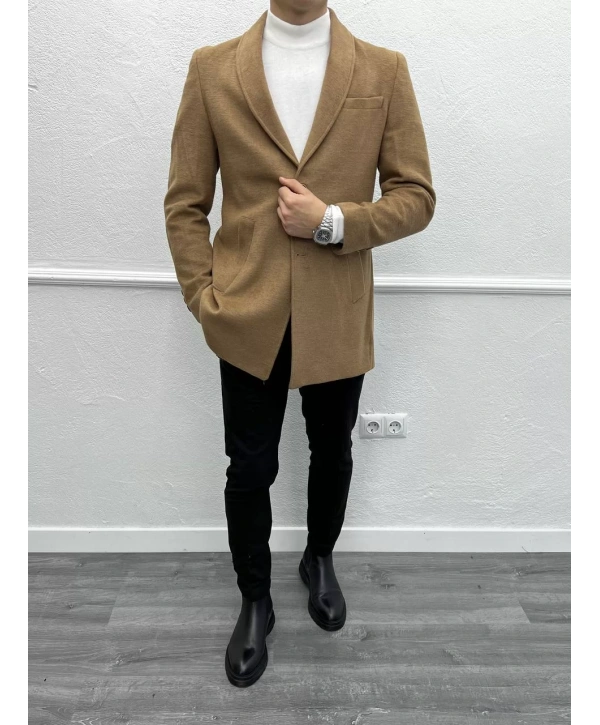 Erkek Dar Kesim İki Düğme Kaşe Kaban - Taba