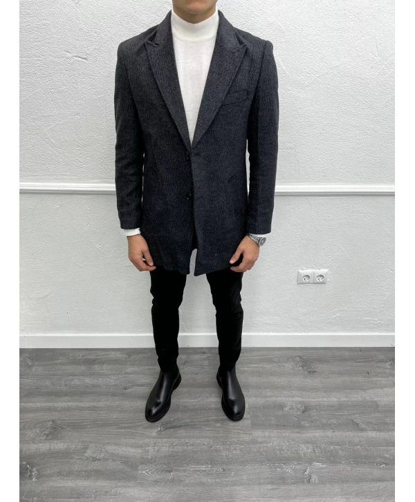 Erkek Dar Kesim İki Düğme Yün Kaşe Kaban -Siyah