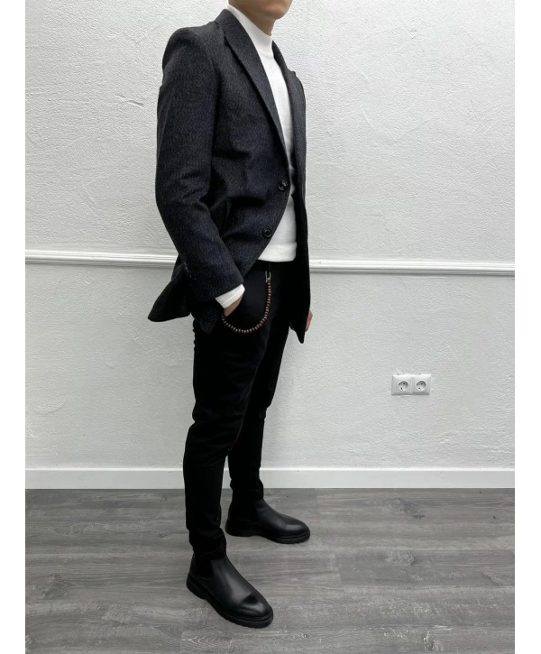 Erkek Dar Kesim İki Düğme Yün Kaşe Kaban -Siyah