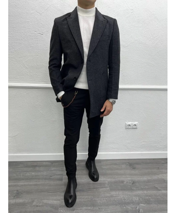 Erkek Dar Kesim İki Düğme Yün Kaşe Kaban -Siyah