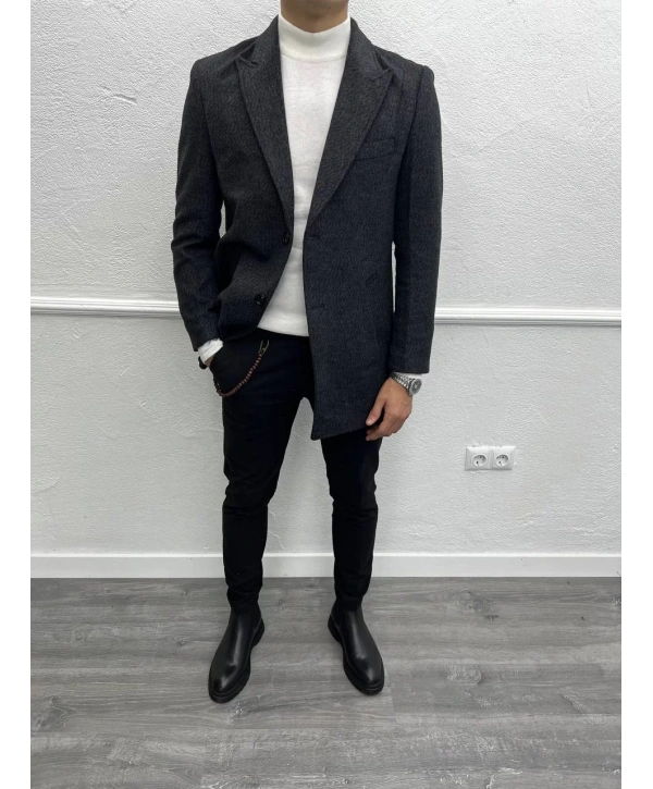 Erkek Dar Kesim İki Düğme Yün Kaşe Kaban -Siyah