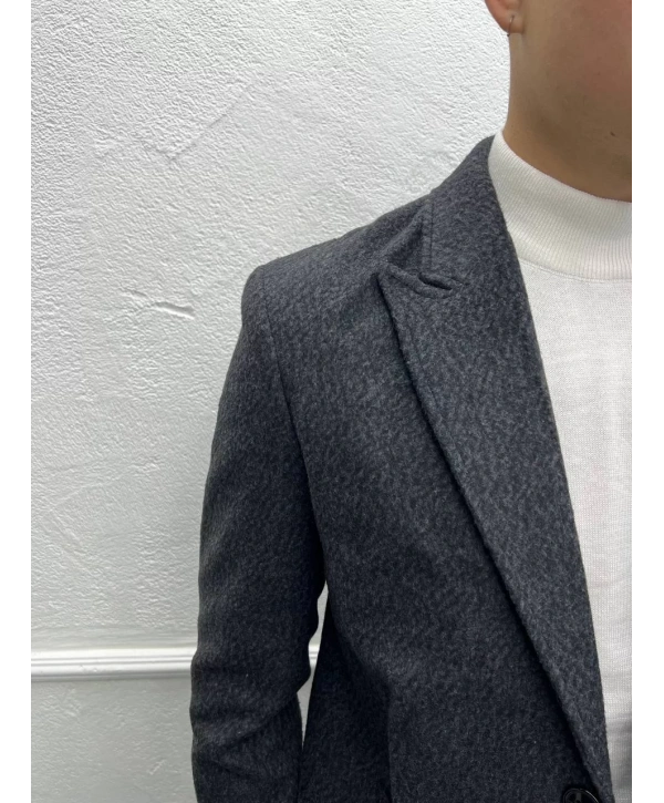 Erkek Dar Kesim İki Düğme Yün Kaşe Kaban -Siyah