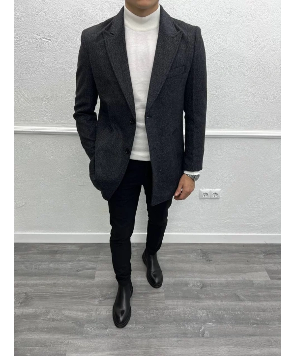 Erkek Dar Kesim İki Düğme Yün Kaşe Kaban -Siyah