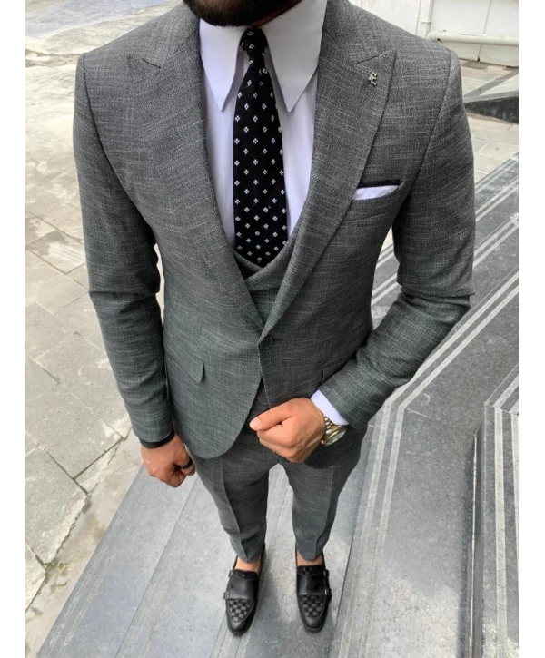 Erkek Dar Kesim Kendinden Desenli Yelekli Takım Elbise-Füme