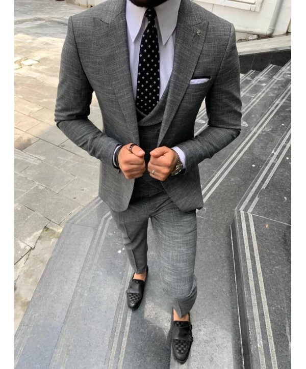 Erkek Dar Kesim Kendinden Desenli Yelekli Takım Elbise-Füme