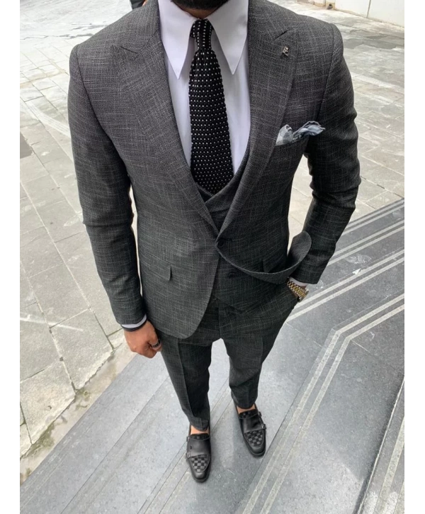 Erkek Dar Kesim Kendinden Desenli Yelekli Takım Elbise-Füme