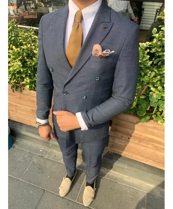 Erkek Dar Kesim Silimfit Kruvaze Takım Elbise-Lacivert